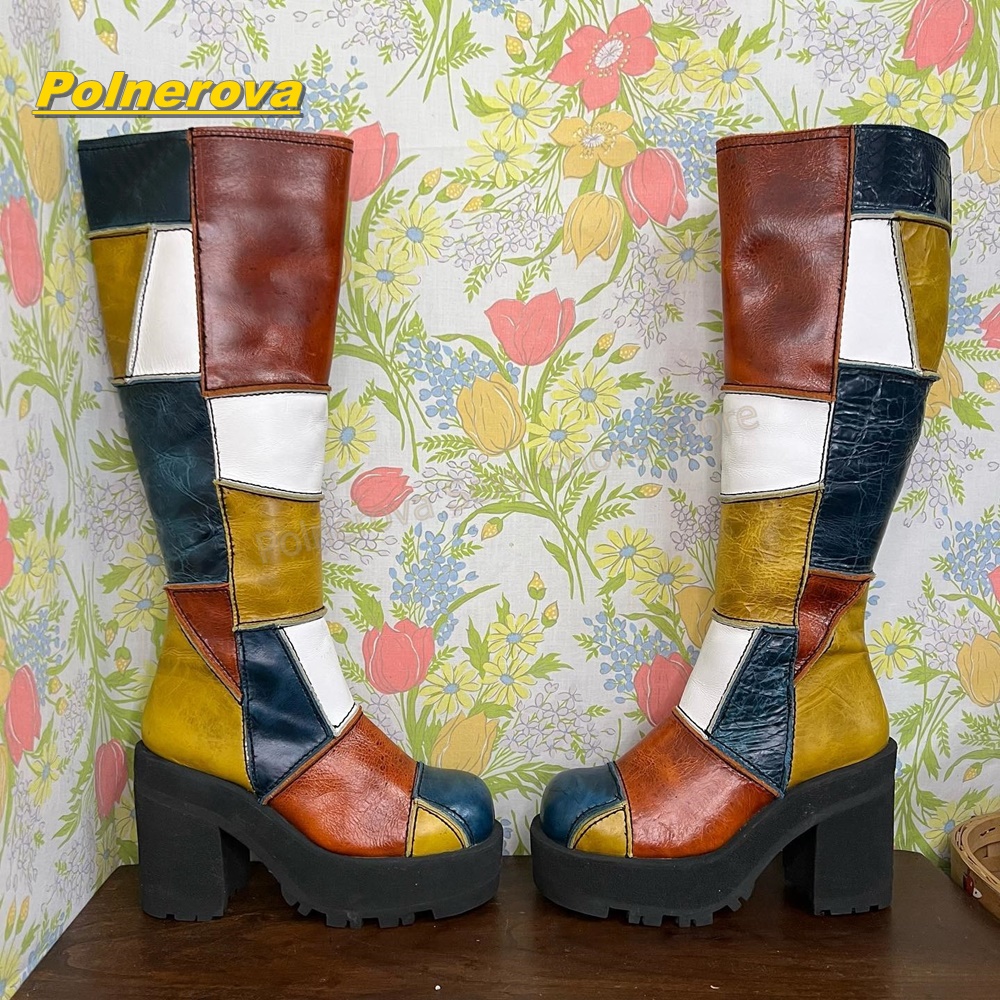 Vintage And Modern Fashion - 여성 레트로 패치워크 가죽 니하이 부츠