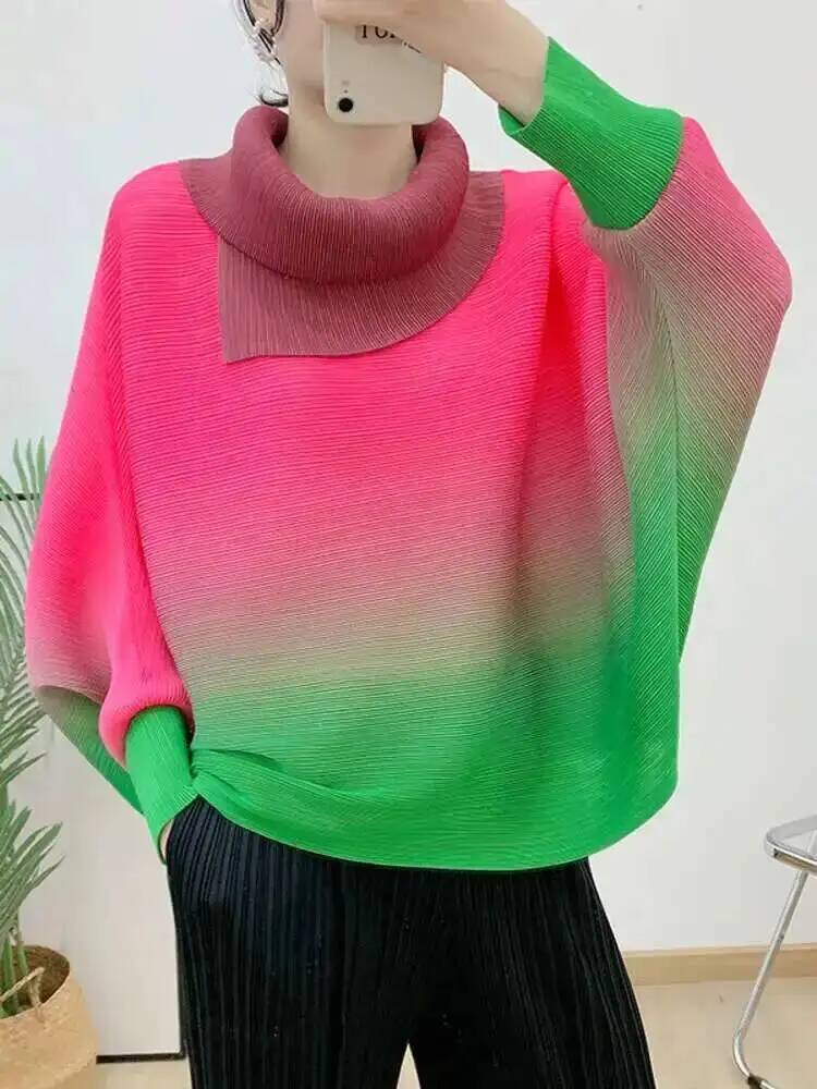 Vintage Fashion Build - 여성용 플리츠 티셔츠 그라디언트 라펠 긴