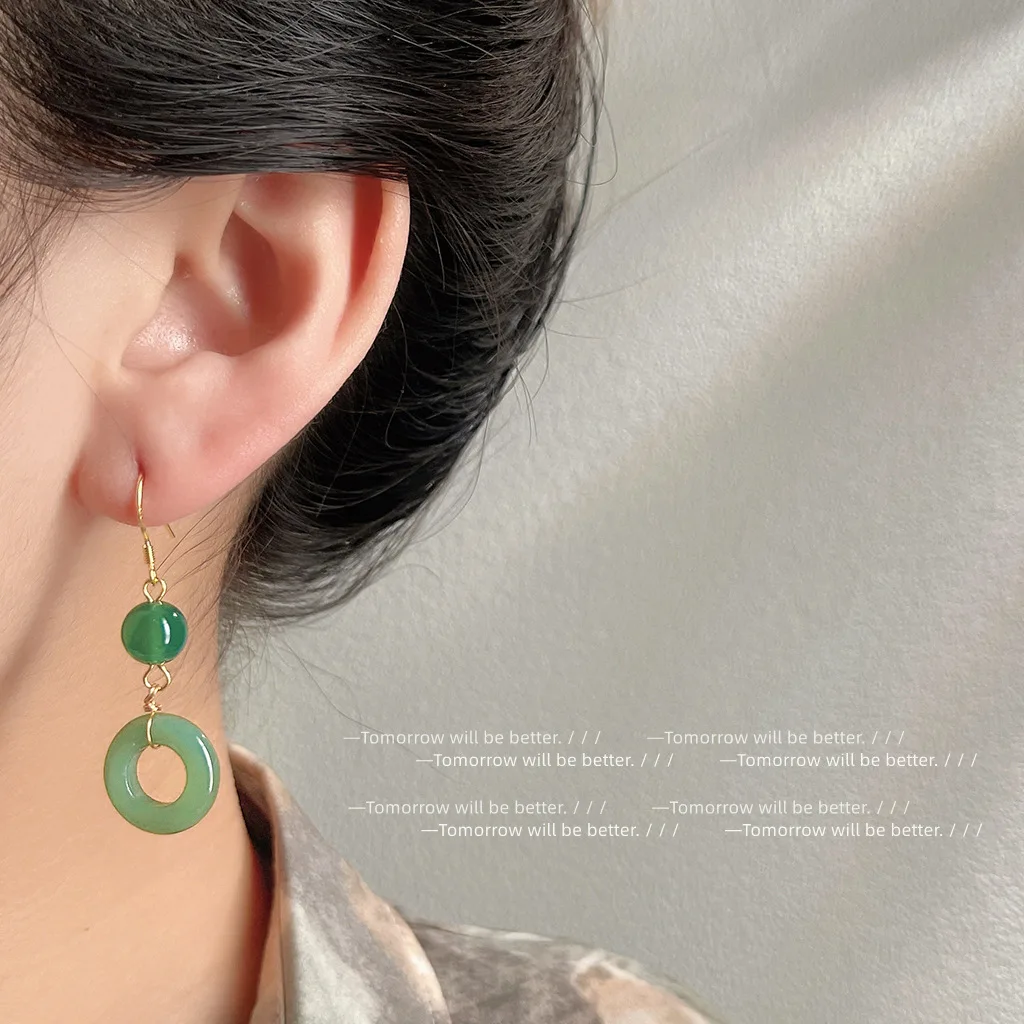 Vintage Fashion Guild - 녹색 진짜 옥 반지 귀걸이 행운의