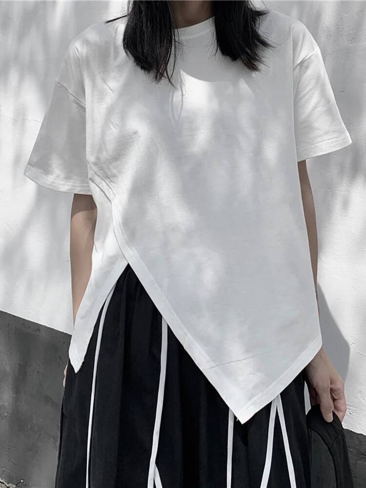 Vintage Fashion Build - 불규칙한 여성용 흰색 슬릿 밑단 빅사이즈
