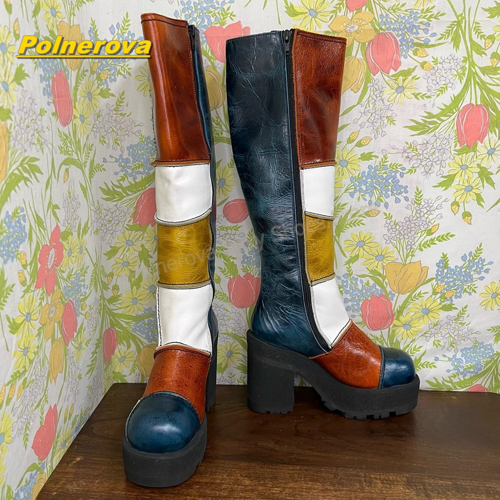 여성 레트로 패치워크 가죽 니하이 부츠 컬러 블록 청키 - Vintage And Modern Fashion 리뷰 및 가격