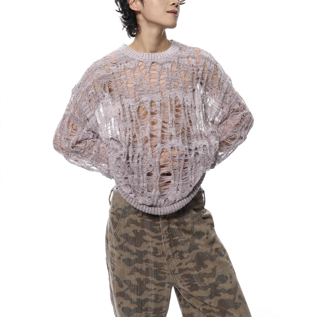 빈티지 찢어진 속이 빈 메쉬 니트 스웨터 남성 가을 스 - Vintage Fashion In Japan 리뷰 및 가격